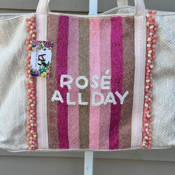 America and Beyond ROSE ALL DAY Tan Pink Large Tote Shoulder Beach Bag New - Picture 16 of 16